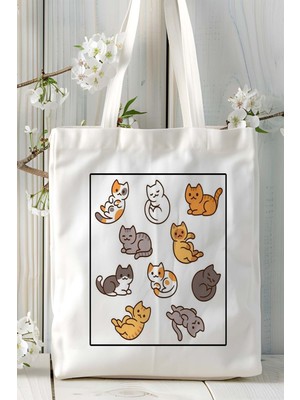 Retro Kedi Baskılı Bez Çanta Omuz Çantası Kişiye Özel Model 47