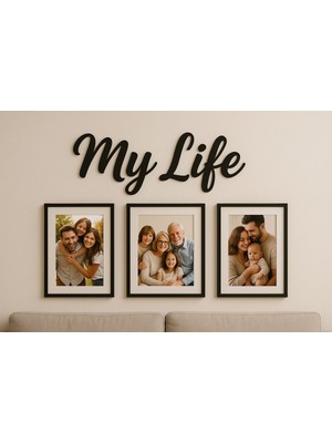 Şık Siyah Duvar Yazısı ve 3 Çerçeve, Salon ve Ofis Dekoru