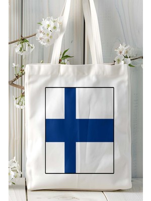 Finlandiya Finland Bayrak Baskılı Bez Çanta Omuz Çantası Kişiye Özel Model