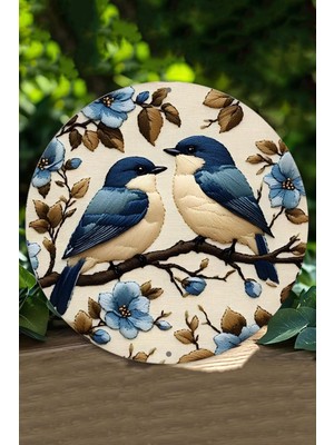 Mavi Kuşlu Ahşap Duvar Süsü 20X20 Cm, Doğal ve Şık Dekoratif Tasarım