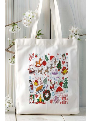 Yılbaşı Desen Baskılı Bez Omuz Çantası Kişiye Özel Model 22