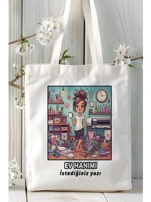 Ev Hanımı Baskılı Bez Omuz Çantası Kişiye Özel Model 14