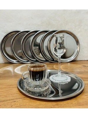 Paslanmaz Çelik 6’lı Yuvarlak Sunum Tepsisi, Kahve, Çay ve Pasta Servisi