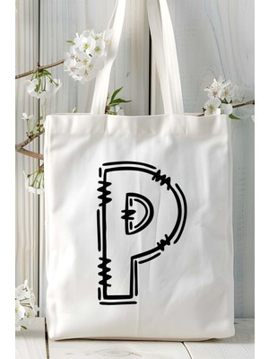 P Harfi Klasik Isimli Baskılı Bez Omuz Çantası Çift Taraflı Kişiye Özel Model 19