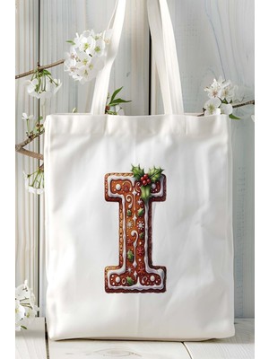 I Harfi Kurabiye Noel Yeniyıl Isimli Baskılı Bez Omuz Çantası Çift Taraflı Kişiye Özel Model 10