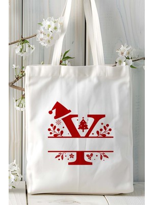 Y Harfi Yeni Yıl Noel Yeniyıl Isimli Baskılı Bez Omuz Çantası Çift Taraflı Kişiye Özel Model 27