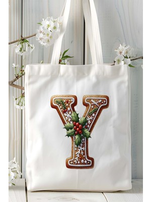 Y Harfi Kurabiye Noel Yeniyıl Isimli Baskılı Bez Omuz Çantası Çift Taraflı Kişiye Özel Model 27