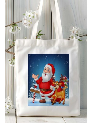 Yılbaşı Noel Baba Baskılı Bez Omuz Çantası Kişiye Özel Model 2