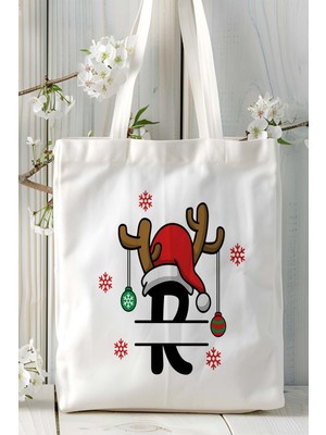 R Harfi Yeniyıl Hediye Noel Christmas Baskılı Bez Omuz Çantası Çift Taraflı Kişiye Özel Model 21