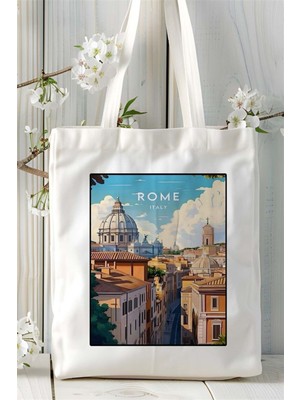 Rome Baskılı Bez Çanta Omuz Çantası Kişiye Özel Desen 2