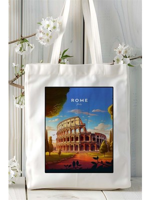 Rome Baskılı Bez Çanta Omuz Çantası Kişiye Özel Desen
