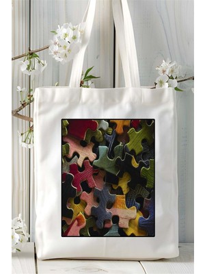 Puzzle Yapboz Baskılı Bez Çanta Omuz Çantası Kişiye Özel Desen 1
