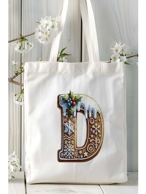 D Harfi Kurabiye Noel Yeniyıl Isimli Baskılı Bez Omuz Çantası Çift Taraflı Kişiye Özel Model 5