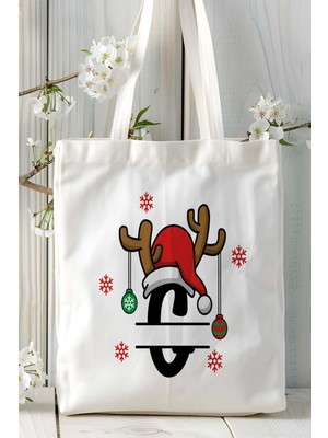 G Harfi Yeniyıl Hediye Noel Christmas Baskılı Bez Omuz Çantası Çift Taraflı Kişiye Özel Model 8