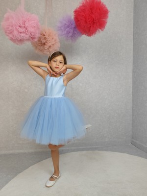 Kız Çocuk Abiye Elbise Ada, Bebe Mavi Bel Incili,tütü Elbise