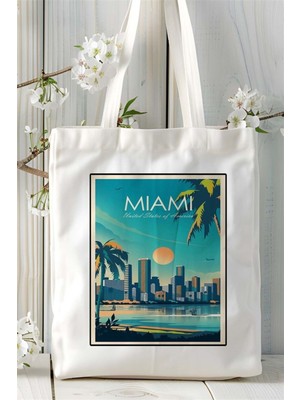 Miami Baskılı Bez Çanta Omuz Çantası Kişiye Özel Desen