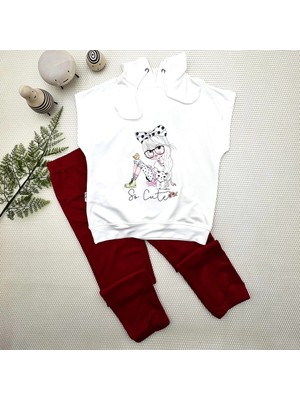 3-4-5 Yaş Kapşonlu Sevimli Kız Baskılı Kısa Kolu 2li Kız Erkek Çocuk Takımı Kırmızı