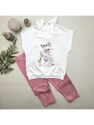 3-4-5 Yaş Kapşonlu Sevimli Kız Baskılı Kısa Kolu 2li Kız Erkek Çocuk Takımı Gül Kurusu