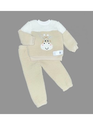 1-2-3 Yaş Ponponlu Zürafa Desenli Kuzu Kumaş Uzun Kollu 2li Kız Erkek Çocuk Takımı Bej