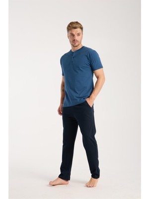 Moda Serdem Modaserdem  Erkek Indigo Düğmeli Yaka Kısa Kol Pijama Takımı