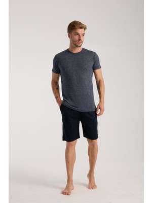 Modaserdem  Erkek Lacivert Sıfır Yaka Kısa Kol Şortlu Pijama Takımı
