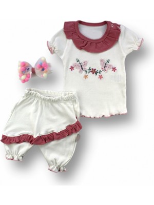 6-9 9-12 12-18 Ay Çiçek Nakışlı Roman Şalvar Bandanalı Kısa Kollu Sweat 3lü Kız Bebek Takımı Nar Çiçeği