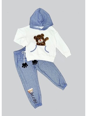 2-3-4 Yaş Pelüş Ayı Desenli Kapşonlu Uzun Kollu Penye Sweat 2li Erkek Çocuk Takımı Ekru