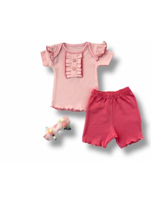 3-6 6-9 9-12 12-18 Ay Düğme Detaylı Bandanalı Kısa Kollu Sweat 3lü Kız Bebek Takımı Pudra