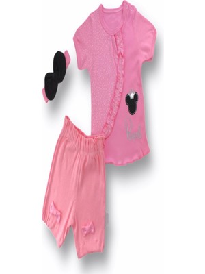 3-6 6-9 9-12 12-18 Ay Princess Taçlı Mickey Nakışlı Şort Tişört 3lü Kız Bebek Takımı Pembe