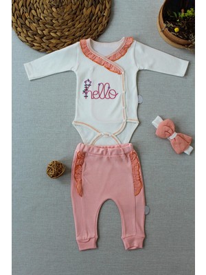 3-6 6-9 9-12 Ay Hello Nakışlı Kruvaze Bandanalı Uzun Kollu Zıbınlı 3lü Kız Bebek Takımı Somon