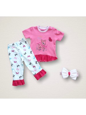 6-9 9-12 12-18 Ay Ceylanın Rüyası Baskılı Bandanalı Kısa Kollu Sweat 3lü Kız Bebek Takımı Pembe