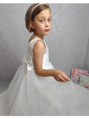 Kız Çocuk Abiye Elbise Ada, Beyaz Bel Incili,tütü Elbise