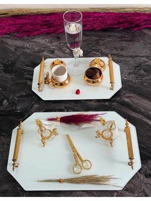 Beyaz Altıgen Söz ve Nişan Tepsisi, Damat ve Kahve Seti