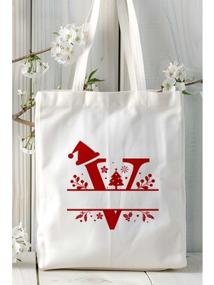 V Harfi Yeni Yıl Noel Yeniyıl Isimli Baskılı Bez Omuz Çantası Çift Taraflı Kişiye Özel Model 26