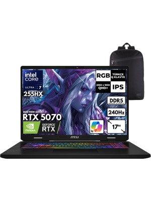 Msı Crosshaır 17HX Aı Ultra 7-255HX 64-GB DDR5 1 TB SSD RTX5070 (8GB-115W-GDDR7) 17" 2k Qhd+ 240Hz Windows 10 Pro Taşınabilir Bilgisayar + Hmf Sırt Çantası D2XWGKG-018XTRHMF38