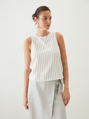 Lc Waikiki Yeni Sezon Bisiklet Yaka Cizgili Keten Gorunumlu Bluz - S5NH94Z8