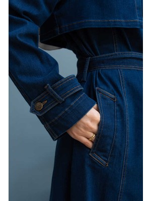 6458-DENIM Trençkot Koyu Mavi