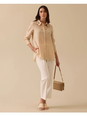 10004 Önü Gizli Düğmeli Kolları Manşetli Yakası ve Göğsü Taş Detaylı Şık Gömlek #03-25#