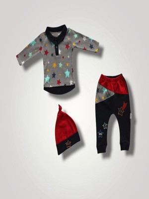 6-9 12-18 18-24 Ay Samanyolu Yıldızlar Baskılı Uzun Kollu Sweat Şapkalı 3lü Kız Erkek Bebek Takımı Lacivert