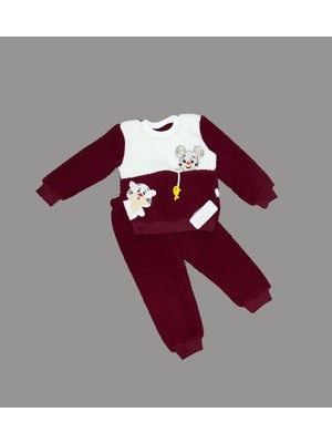 1-2-3 Yaş Sallanan Balık Nakışlı Kuzu Kumaş Sweat Pantolon Uzun Kollu Kız Erkek 2 Li Takımı Bordo