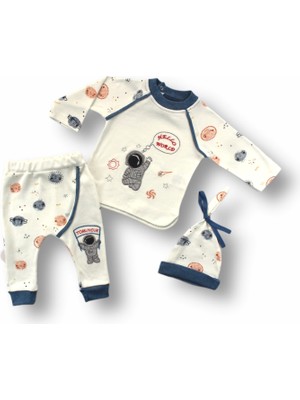 3-6 6-9 9-12 Ay Şirin Kozmonot Nakışlı Şapkalı Uzun Kollu Sweatli 3lü Kız-Erkek Bebek Takımı Ekru