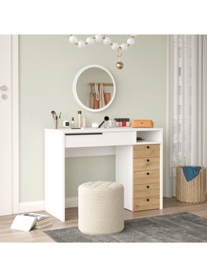 Bohem Makyaj Masası 100CM Aynalı Çekmeceli Şifonyer Sepet-Beyaz BOH29-SW