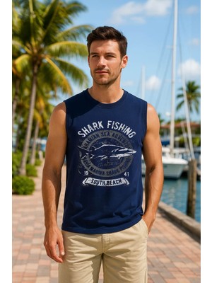Erkek %100 Pamuk Bisiklet Yaka Shark Baskılı Kolsuz T-Shirt