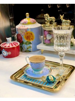 6 Adet Altın Renkli Dekoratif Sunum Tepsisi, Kahve ve Çay Servisi Için
