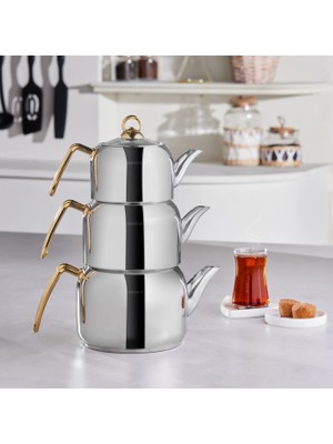 Karaca Tres 3'lü Çaydanlık Takımı 18/10 Paslanmaz Çelik 5 Parça Gold Renk Bulaşık Makinesine Uygun