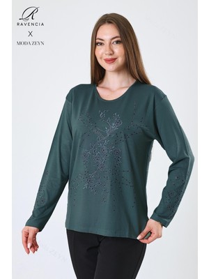 Kadın Orta Yaş ve Üzeri Viskon Yeni Kaplama Desen Taşlı Işlemeli Likralı Zümrüt Anne Penye Bluz