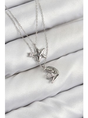 Stillove Pirinç Zirkon Taşlı Yıldız ve Ay Model Gümüş Renk Kadın Kolye