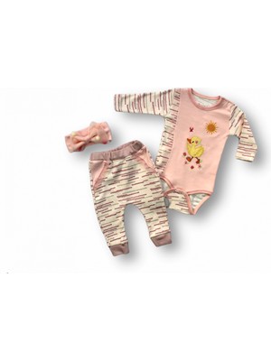 3-6 6-9 9-12 Ay Süslü Ördek Nakışlı Şapkalı Uzun Kollu Zıbınlı 3lü Kız Bebek Takımı Pembe