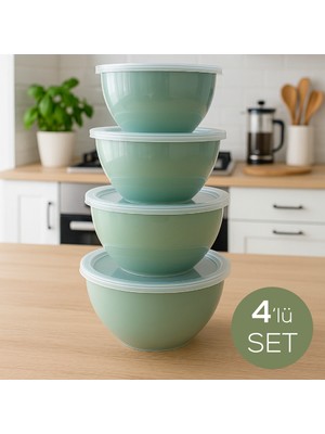 4’lü Yuvarlak Kase Seti Yeşil | 1l, 1.5l, 2.3l, 3.3l | Kapaklı Çok Amaçlı Mutfak Saklama Kabı
