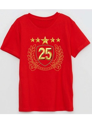 Zeytin Dalı ve Yapraklı 25. Şampiyon 5 Yıldız Kupa Baskılı Pamuklu Yetişkin T-Shirt